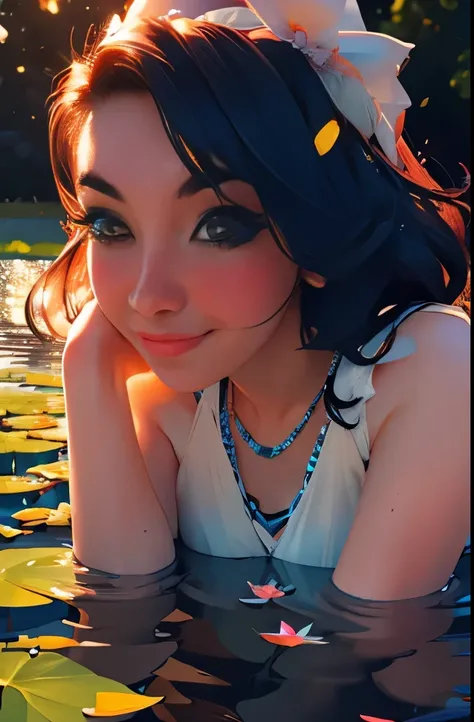 Superb Quality, Masterpiece, High Resolution, 1Girl, Blush, (Seductive Smile: 0.8), Star Pupil, Hair Accessories, Necklace, Jewelry, Beauty, on_body, Tyndall Effect, Realism, Lotus Pond, Light Edge, Two-tone Lighting, (High Detail Skin: 1.2), 8K UHD, DSLR,...