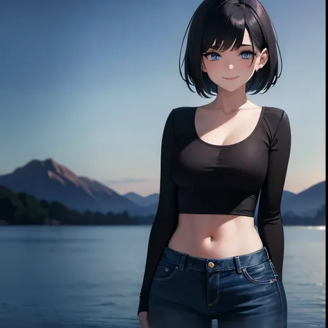 [(Beautiful young girl) (short black hair) (blue eyes) (flat chest)]  ([high Definition] [correct anatomy]): (in the edge of a lake) (wearing jeans) (wearing a black bra) (standing) (big smile)