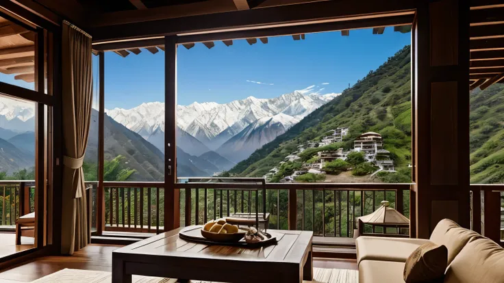 Create an image of a cozy multi-level resort villa nestled on a mountain slope in Uttarakhand, India. The villa should overlook a river, with large mountains with snow peaks in the background. The scene is framed with a wide shot, capturing the natural bea...