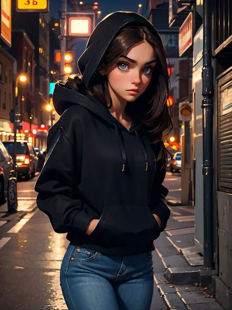 a pretty brunette girl, 22 years old, wearing a black hoodie and blue jeans, walking on an urban street, pensive and slightly sad expression, detailed facial features, detailed eyes and lips, complex urban background, whimsical lighting, Cinematic composit...