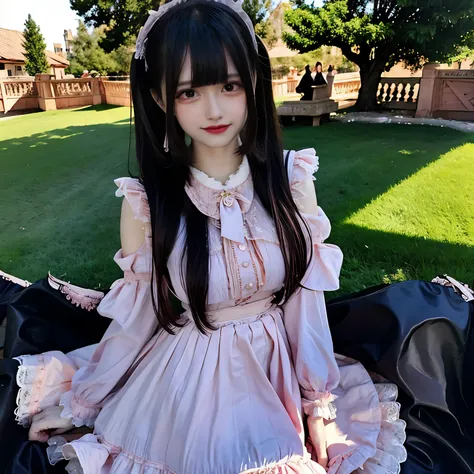 best quality, delicate face，blush， 1 girl, black hair, Long curly hair, blunt bangs, Smile, pink skirt, pink lolita dress, layered skirt, Lolita style long skirt，21 years old female，Wearing pink lolita dress(dreamy atmosphere:1.1)、​Masterpiece、born、Scenes ...