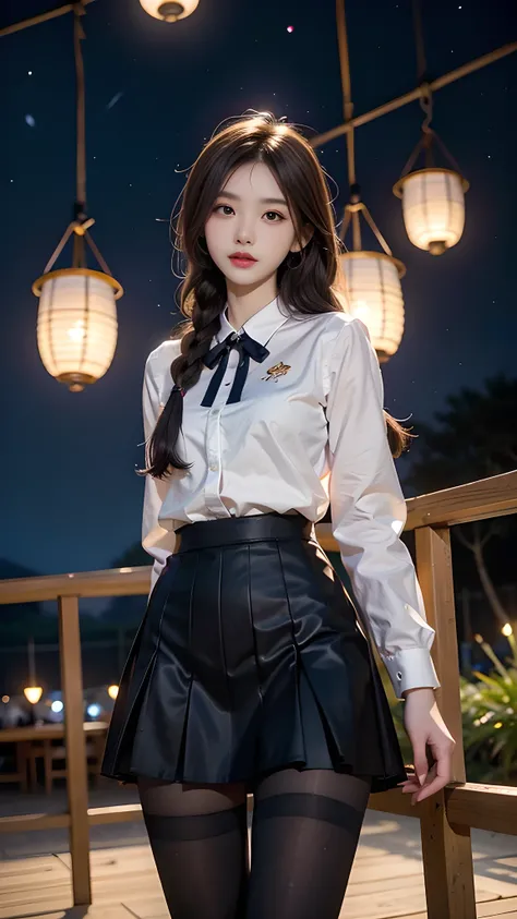 ulzzang-6500-v1.1, (RAW photo: 1.2), (Real photo), (Real photo: 1.4), 1 girl、Perfect anatomy、19 years old、Looking at the camera、Medium length hair、side braids, uniform short skirt, in a surreal royal garden, with many hanging lanterns, under the starry nig...