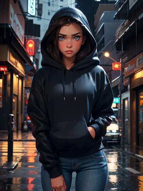 a pretty brunette girl, 22 years old, wearing a black hoodie and blue jeans, is in the rain, pensive and slightly sad expression, detailed facial features, detailed eyes and lips, complex urban background, whimsical lighting, cinematographic composition, R...