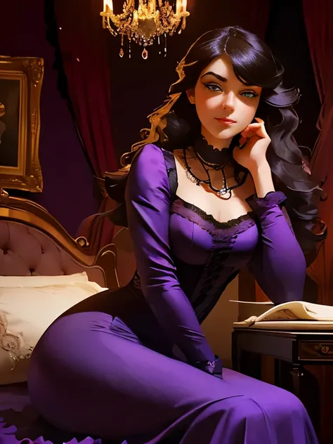 araffe sitting on a bed in a purple room with a chandelier, victorian room, miss aniela, boudoir, draped in purple, victorian setting, inspired by Evgeny Lushpin, in victorian aristocrat, dreamy atmosphere and drama, inspired by James Tissot, victorian sty...