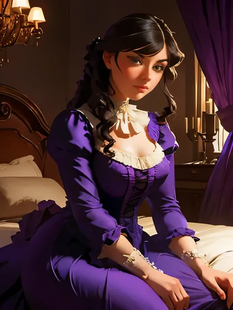 araffe sitting on a bed in a purple room with a chandelier, victorian room, miss aniela, boudoir, draped in purple, victorian setting, inspired by Evgeny Lushpin, in victorian aristocrat, dreamy atmosphere and drama, inspired by James Tissot, victorian sty...