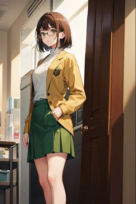 1woman, short brown hair, green eyes, glasses, skirt, sweater, lab coat, standing on ground, high res, ultra sharp, 8K, masterpiece