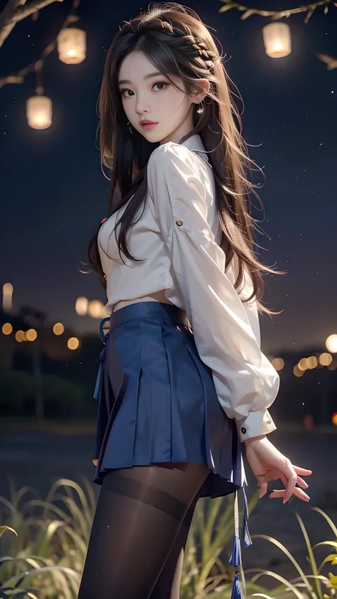 ulzzang-6500-v1.1, (RAW photo: 1.2), (Real photo), (Real photo: 1.4), 1 girl、Perfect anatomy、19 years old、Looking at the camera、Medium length hair、side braids, uniform short skirt, in a surreal royal garden, with many hanging lanterns, under the starry nig...