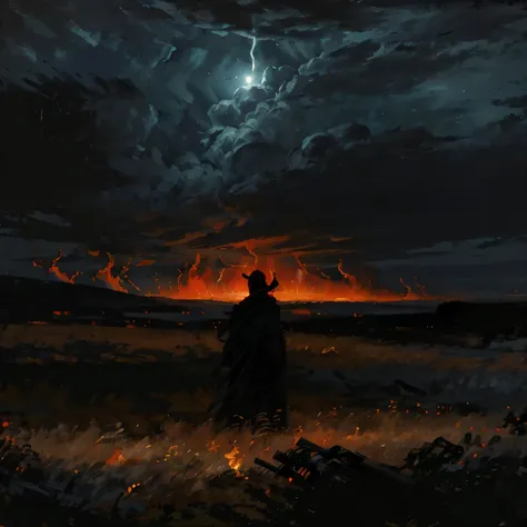 create a dark image of a figure standing in front of a huge fire against a stormy sky. the figure should have his back to the vi...