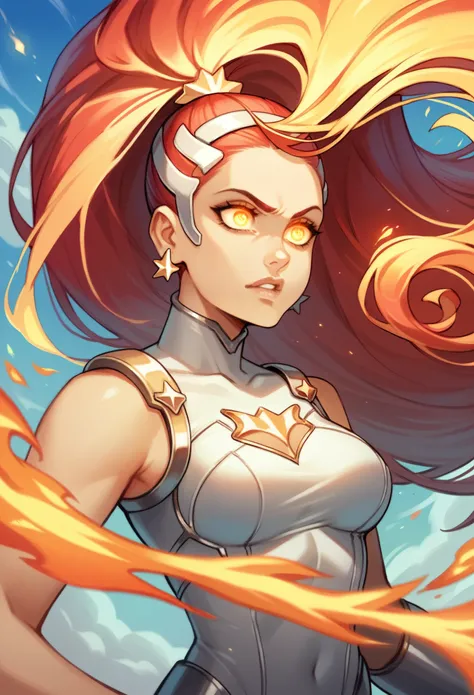 One woman, Ariana grande, 20 years old, detailed face, mid breasts, white and black superheroine suit, sleeveless, red hair, long hair, fire hair, surrounded by flames, fire, glowing eyes, levitating in the sky,