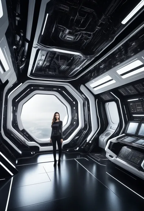 Mechanical Engineering Background, Black and white color scheme, Inside the spaceship, Beautiful girl