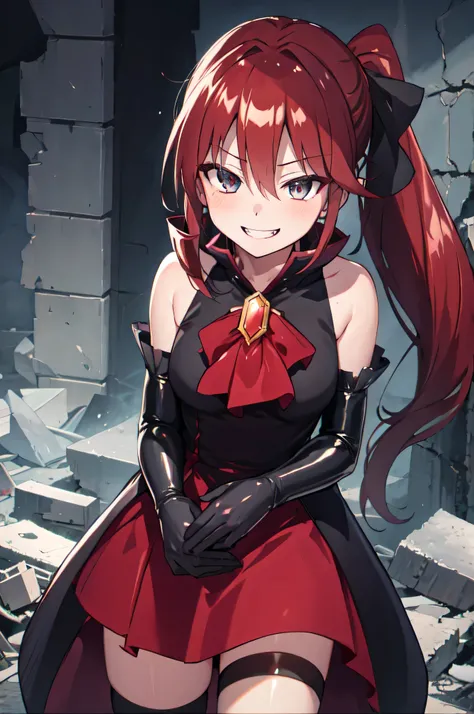 Highest quality, masterpiece, One Girl,Not beautiful, Red Ponytail, Long dress, brooch, Hair Ribbon, - Elbow hand pockets, Black knee socks, Standing on the rubble, (Evil smile:1.1), ,,Dark shadow face,Sadistic smile,Malice,Contempt,smile,latex,Bad face,,...