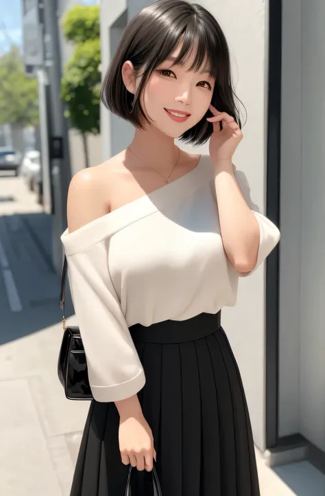 40-year-old japanese woman、big smile、the moment you get out of the car、long bob cut with black hair、perfect makeup、glossy pink l...