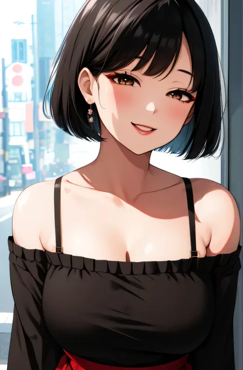 40-year-old Japanese woman、Big smile、The moment you get out of the car、Long bob cut with black hair、Perfect Makeup、Glossy pink lips、Black off-the-shoulder sweater、Long skirt、High heels、Surrealism, depth of field, masterpiece, super detail, best quality, 8k