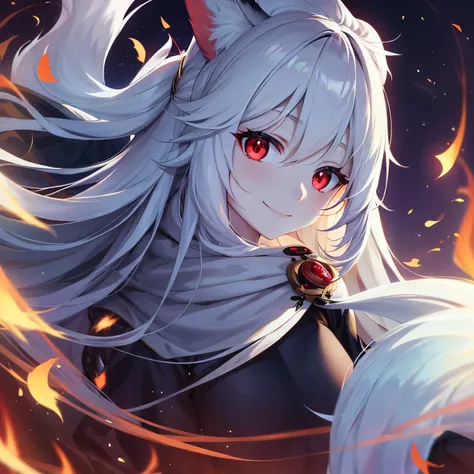 white long hair, fox ears, awkward smile, pale skin, red eyes, girl, moderate breasts,