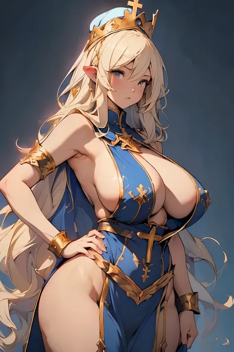 Place your hands on your hips、Facing forward、look down、looking at the camera、Blonde Long Hair、(Nuns、saint、princess、crown)、(Blue One Piece Dress、Big slit、Gold Armor、(Gold decoration、cross、Blue High Socks、blue garter belt)、((Huge breasts:1.5)、(Sideboob:1.5)、...