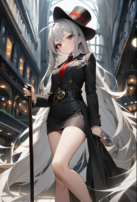 One girl, Gray Hair, Super long hair、Red eyes, (White eyelashes:1.2), Dressed like a casino staff member、Black jacket、Top Hat、Very thin body、I have a walking stick、Ahoge、tie、skirt、belt、High resolution, Highest quality, Very detailed, Ultra high definition,...