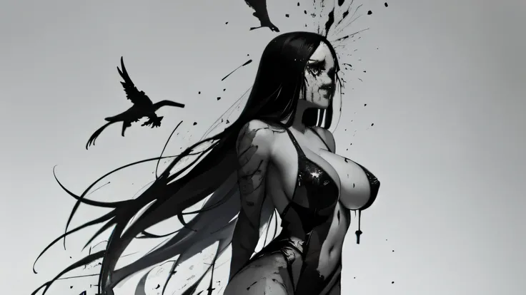 bs, solo, simple background, monochrome, greyscale, bodysuit, black background, 1other, monster, arms at sides, horror (theme) there is a large-breasted woman in the picture with her arms torn off and her face bleeding, ravens flying in the background, sto...