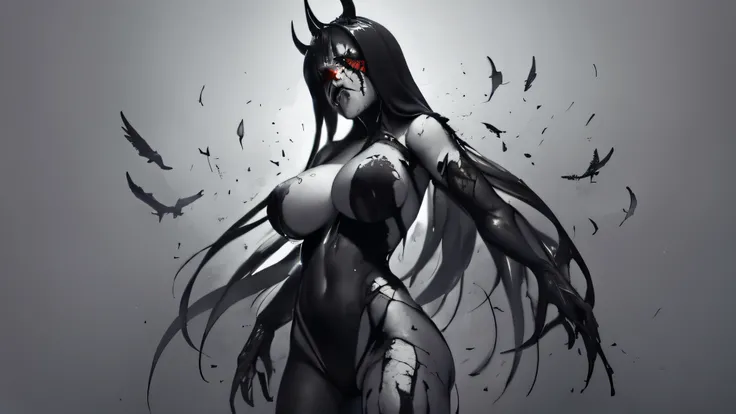 bs, solo, simple background, monochrome, greyscale, bodysuit, black background, 1other, monster, arms at sides, horror (theme) there is a large-breasted woman in the picture with her arms torn off and her face bleeding, ravens flying in the background, sto...