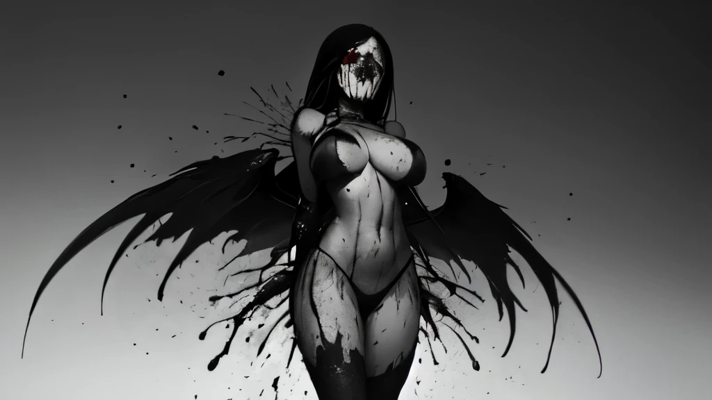 bs, solo, simple background, monochrome, greyscale, bodysuit, black background, 1other, monster, arms at sides, horror (theme) there is a large-breasted woman in the picture with her arms torn off and her face bleeding, ravens flying in the background, sto...