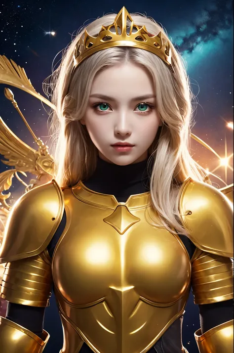 Ultra HD、Ultra-clear、Beautiful Face、Leo Warrior、Covered entirely in golden armor、Holy knight in golden armor、Golden Tiara、Golden armor covered in sculptures、Heavy golden armor、crystal clear green eyes、Silver Hair、Big Breasts、Outer space background、