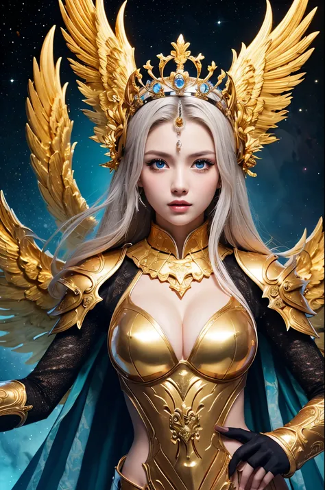 Ultra HD、Ultra-clear、Beautiful Face、Phoenix Warrior、Covered entirely in golden armor、Holy knight in golden armor、Golden Tiara、Golden armor with ornate carvings covering the entire body、Heavy golden armor、Crystal clear blue eyes、Silver Hair、Big Breasts、Oute...