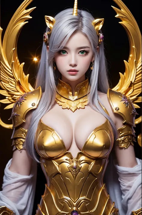 Ultra HD、Ultra-clear、Beautiful Face、Unicorn Warrior、Covered entirely in golden armor、Holy knight in golden armor、Golden armor with ornate carvings covering the entire body、Heavy golden armor、crystal clear green eyes、Silver Hair、Big Tits、Outer space backgro...