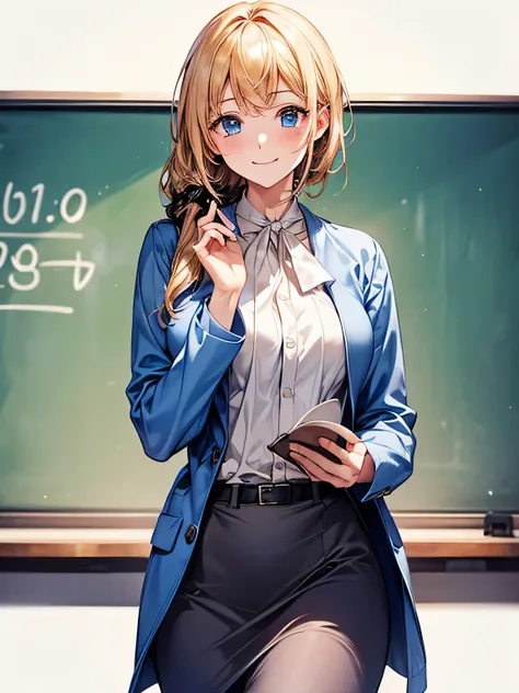 high resolution、high resolution、high quality、masterpiece、1 female、school teacher、blonde、blue eyes、light blue skirt suit、school c...