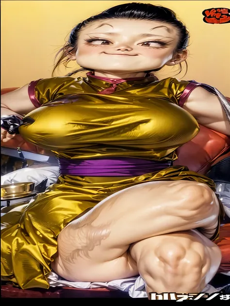 character (Chichi) Her hair is black and is put in a Japanese bun with a kanzaki.. Color of what he is wearing yellow he has a purple ribbon at his waist, big shapely breasts you can see her nipples through her dress, crossed legs nice shiny legs, stage si...