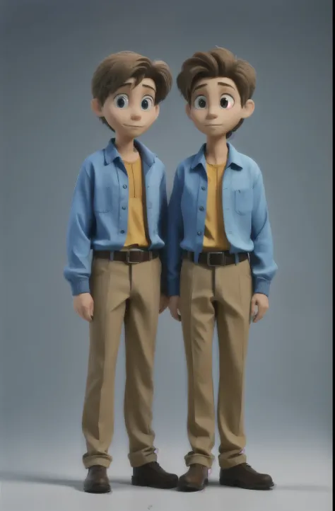 Two twin brothers standing next to each other with brown hair and blue shirts