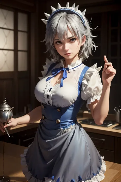 ((16 Nights Sakiya)), ((Touhou Project)), Cosplay, 20-year-old woman, (((gray hair)), ((medium spiky hair)), ((blue maid outfit)), ((white blouse)), midchest, (light)))), (pose))), (photorealistic photo: 1.3), rim lighting, (high detail skin:1.2), 8K UHD, ...