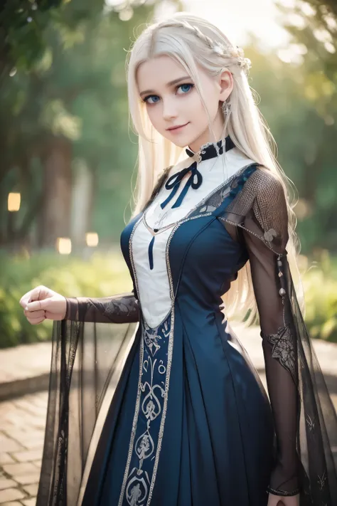 irisviel von einzbern , detailed realistic facial features, intricate hairstyle, piercing blue eyes, delicate skin, wearing an e...