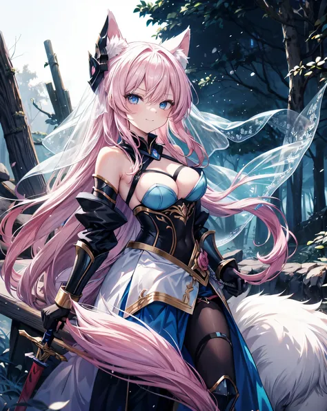 Anime style war, serious style, 1nekogirl, pink_and_white_cat_ears, fox tail, limited palette, long Straight pink hair, detailed anime blue eyes. She has a little smile. She is a Mercenary with scars, Outdoor scenery. Point a sword upwards. Behind them the...