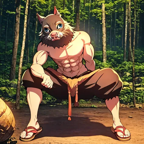 inosuke_hashibira in a forest with his feet using sandals showing, detailed eyes, detailed face, detailed anatomy, detailed clot...