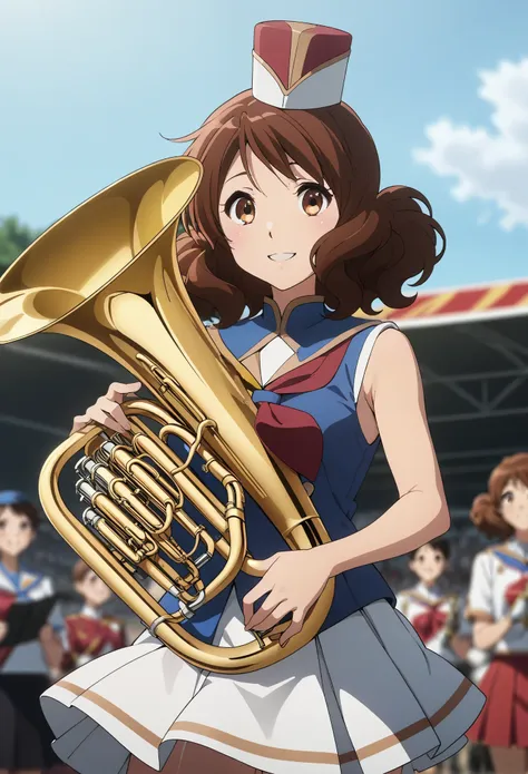 one girl,oumae kumiko,medium hair,have a euphonium,
sun festival,band uniform,mini shako cap,no sleeve,blue vest,small breasts,s...