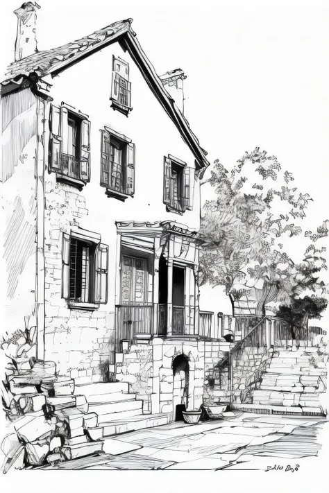 masterpiece,(best quality),detailed,sketch,landscape,houses,stairs,Trees,