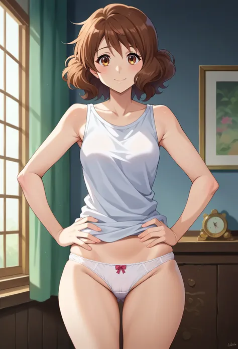 Highest quality, High resolution, masterpiece, (Beautiful Eyes), (fine grain), Detailed face, kumiko oumae, Brown eyes, Brown Hair, short hair, Wavy Hair, smile, blush, indoor, Bedroom, whiteいベッド, View your audience, (Hands on hips:1.5), (Wide pelvis:1.5),...