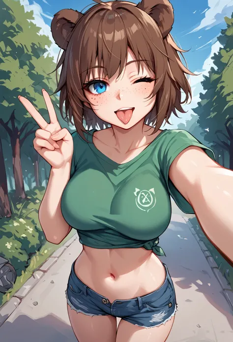 score_9_up, score_8_up, score_7_up, 1girl, solo, source_anime, hourglass figure, Big breasts, kemonomimi, bear ears, brown hair, short hair, messy_hair, blue eye BREAK freckles, green shirt, short sleeves, navel, denim shorts, selfie, reaching at viewer, l...