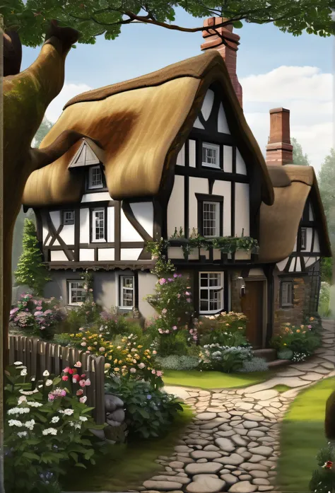 Elizabethan cottage scene . HOUSE FLOWER TREE LANDSCAPE COTTAGE HIGH DETAILS  No colour. NO SHADOW GRAY BLACK