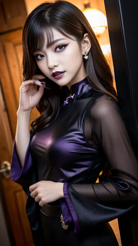 best quality、ultra-detailed、8k、Japanese、Japanese、Seductive beauty、seductive adult woman、Pretty Woman、cool girl、smirk、Wicked Smile、Villainess、brainwash makeup、Brainwashed、brainwash、Fallen into evil、Evil look、evil、Brown hair、wavy hair、swept bangs、dark makeup...