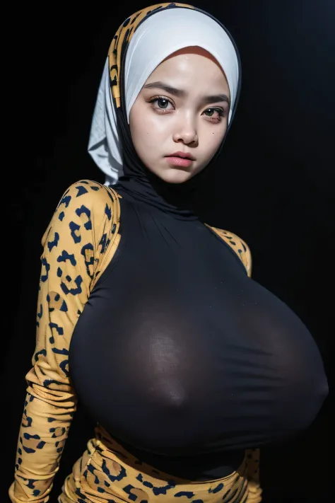 Jumbo (Singlet), Chubby adorable, 1 girl, (face to face), 10 years old, baby face, angry face expression, half body portrait, (face details: 1), (eye details: 1), ((big breasts)). wearing transparent transparency soft long shirt, hijab, .. Cute posed. prop...