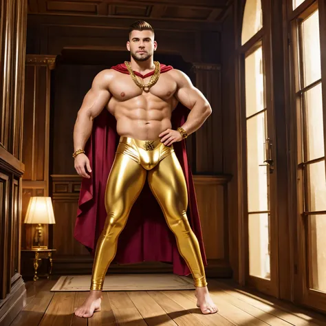 full view full body, one handsome over-musuclar overbodybuilded white european man with preppy undercut light-brown haircut, shirtless showing off enormous huge round over-swallowed pecs, wearing golden latex tights, golden silky shiny short cape, golden r...