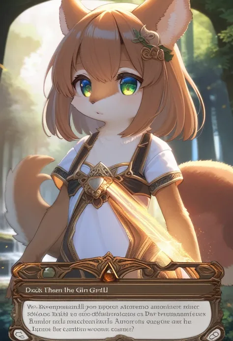 ((Masterpiece)), ((Best Quality)), (Very Detailed), ((Very Detailed)), 4K, (8K), very aesthetic, absurdres highres, 1 girl, (anthropomorphic squirrel, furry, kemono:1.5), Magic: The Gathering card design style, trading cards, card games, wizards