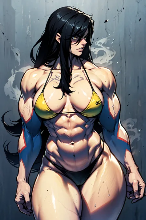 grey background micro bikini 1girl black hair yellow eyes very long hair pale skin angry (bodybuilder huge breasts muscular toned body curvy wide hips thick thighs)