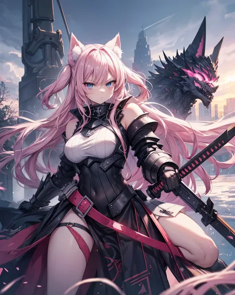 Anime style war, serious style, 1nekogirl, pink_and_white_cat_ears, fox tail, limited palette, long Straight pink hair, detailed anime blue eyes. She is angry. She is a Mercenary with scars on face, Outdoor scenery. Point a sword upwards. Behind them there...