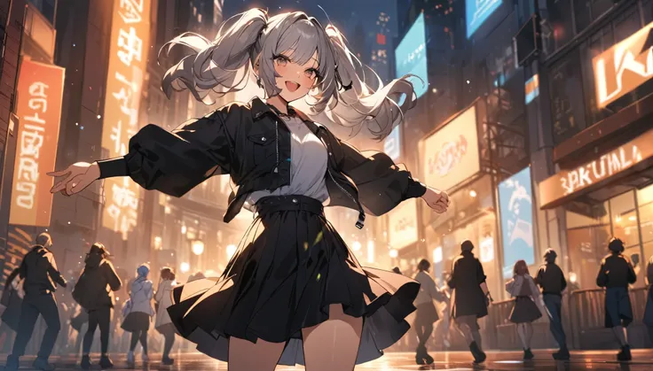 Highest quality,Girl dancing, Twin tails, In the city,Street fashion