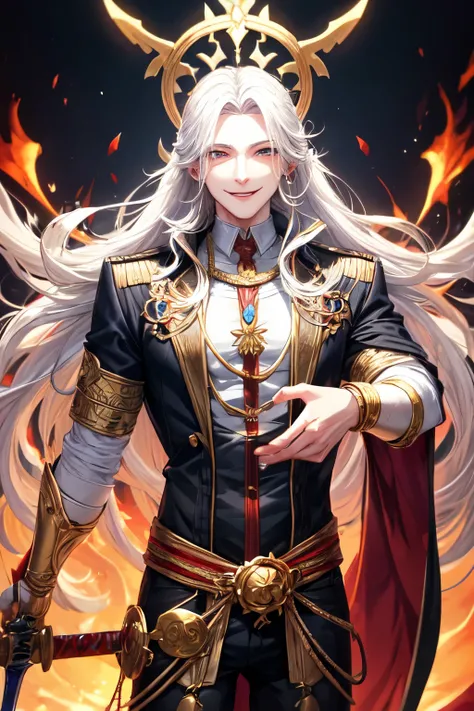 The god of blood one hand holding a organ and one hand with a sword,wearing a silver jewelry and a white rope
A human looking male pale skin,white long hair,Handsome face with smiling psycho
A cute art style with creepy 