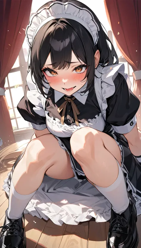 Highest quality:1.5,maid,Knee-high socks:1.0,Absolute area,Natural Lip,Ecstatic expression:1.0,Black Bob Hair