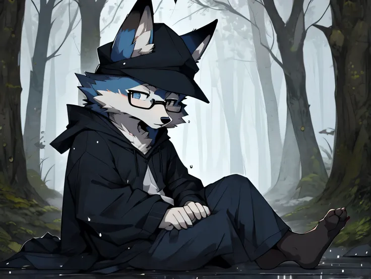 A dark blue Kemono-looking fox sitting on the ground in front of the rainy forest with a sad expression., wearing round black glasses, usando um casaco preto, wearing a black cap with the letters ZR.