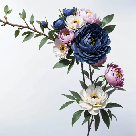 1. **peony**: The big flower, round and full of petals, especially the dark blue one, resembles a peony, known for its lush shape and layers of petals.
  
2. **Anemone**: The cream flower may resemble an anemone, which also has a dark center and simple, so...