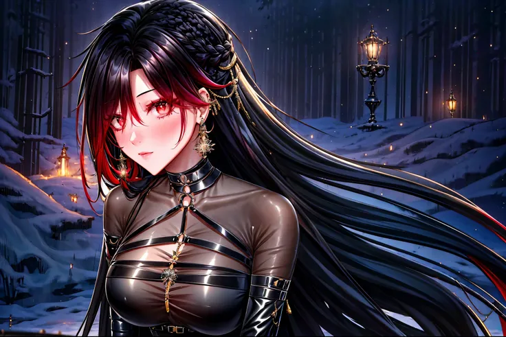 shoujo style, frosty style, (romantic manhwa), 1 girl, black hair, solo, long braided hair, long braid, dress, gloves, long sleeves, choker, red eyes, mascara, makeup, elbow gloves, floating hair, bra, jewelry, many ear piercings, peepers, collarbones, gol...